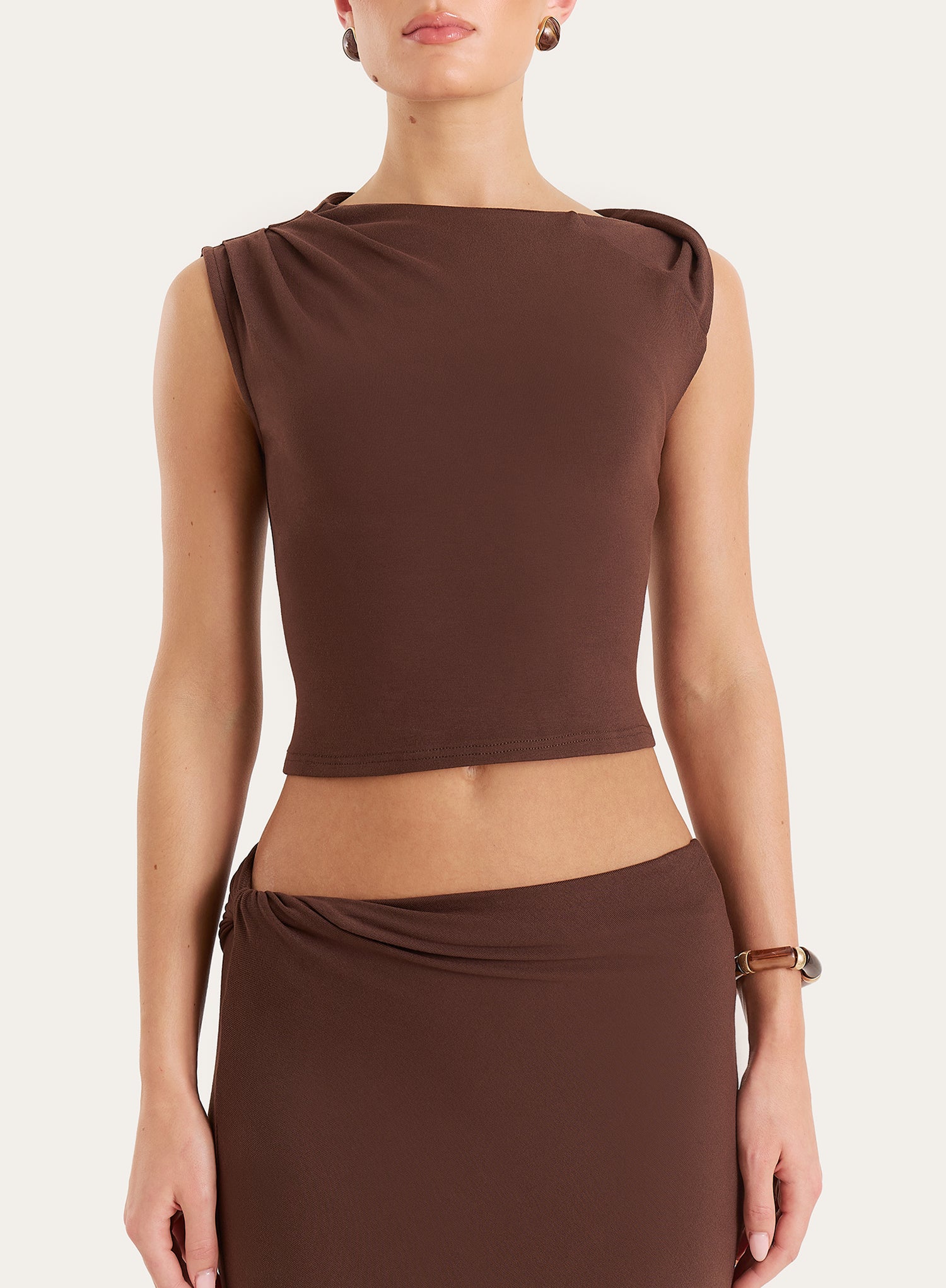 Chocolate Brown Jersey Twist Detail Sleeveless Top